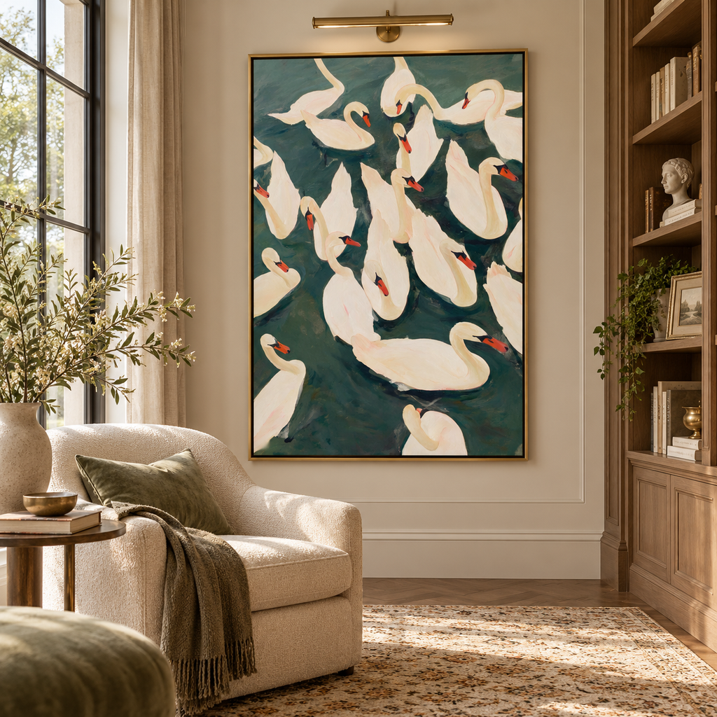 ARBYNART Abstract Art | Ivory Swans in Emerald Waters