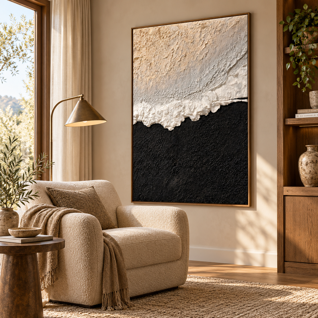 ARBYNART Abstract Art | Ivory Waves on Midnight Sands