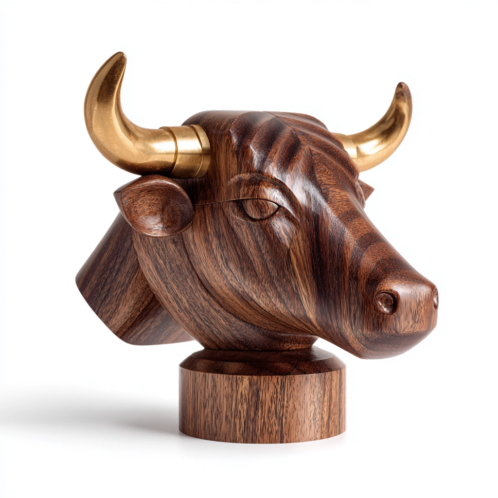 Hand-Carved Ox Head Bust Wooden Sculpture with Brass Horns & Base — bull wood sculpture