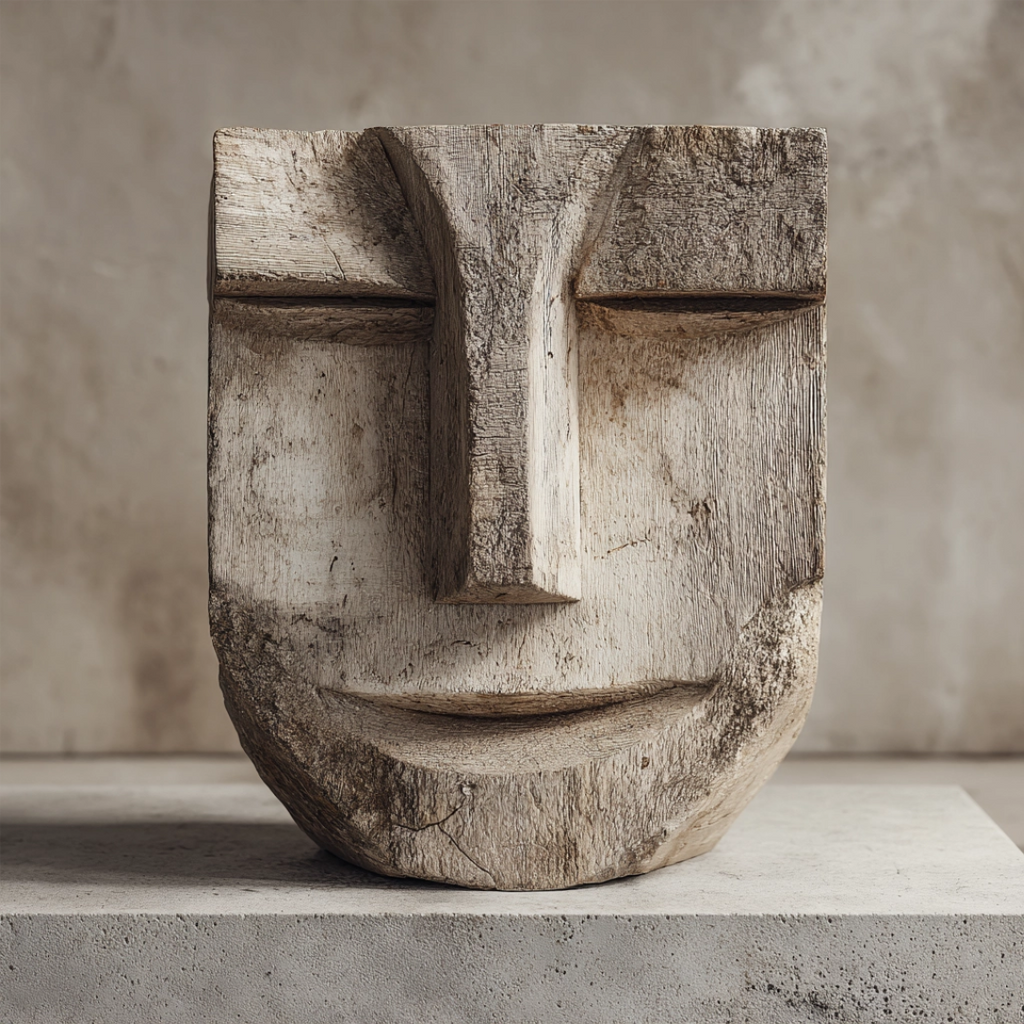 Serene Cubist Weathered Wooden Mask — wood mask wall sculpture