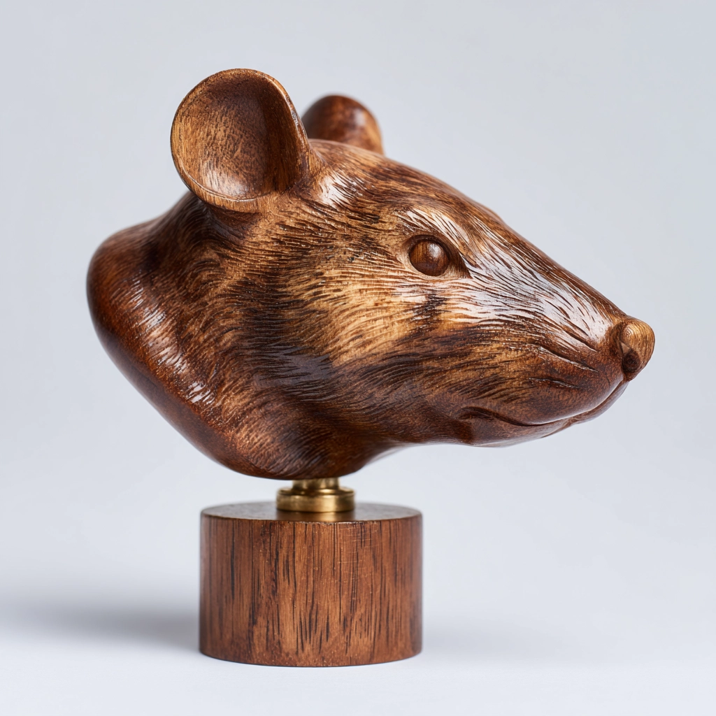 Hand-Carved Realistic Rat Head Bust Wooden Sculpture with Brass Base — rat wood sculpture