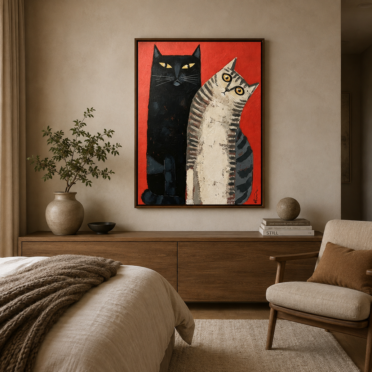 ARBYNART Surreal Art | Red & Cats Duo