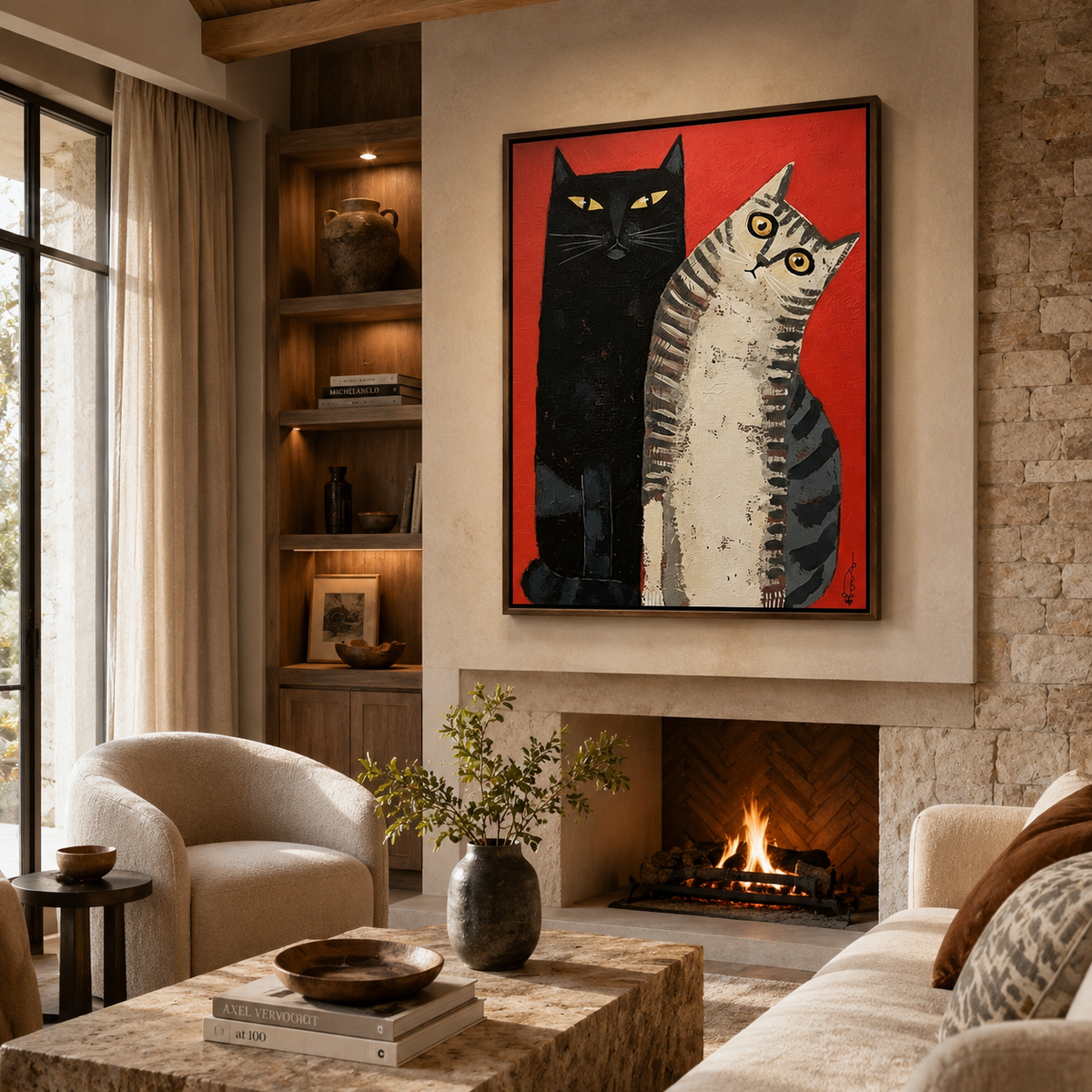 ARBYNART Surreal Art | Red & Cats Duo
