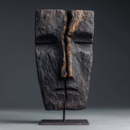 Fractured Ancestor blackened wood mask sculpture on stand