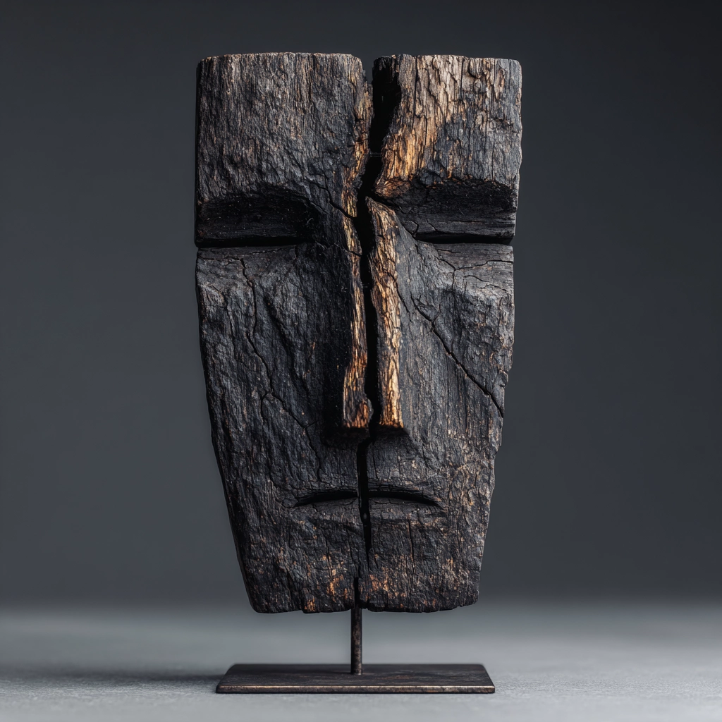 Fractured Ancestor blackened wood mask sculpture on stand