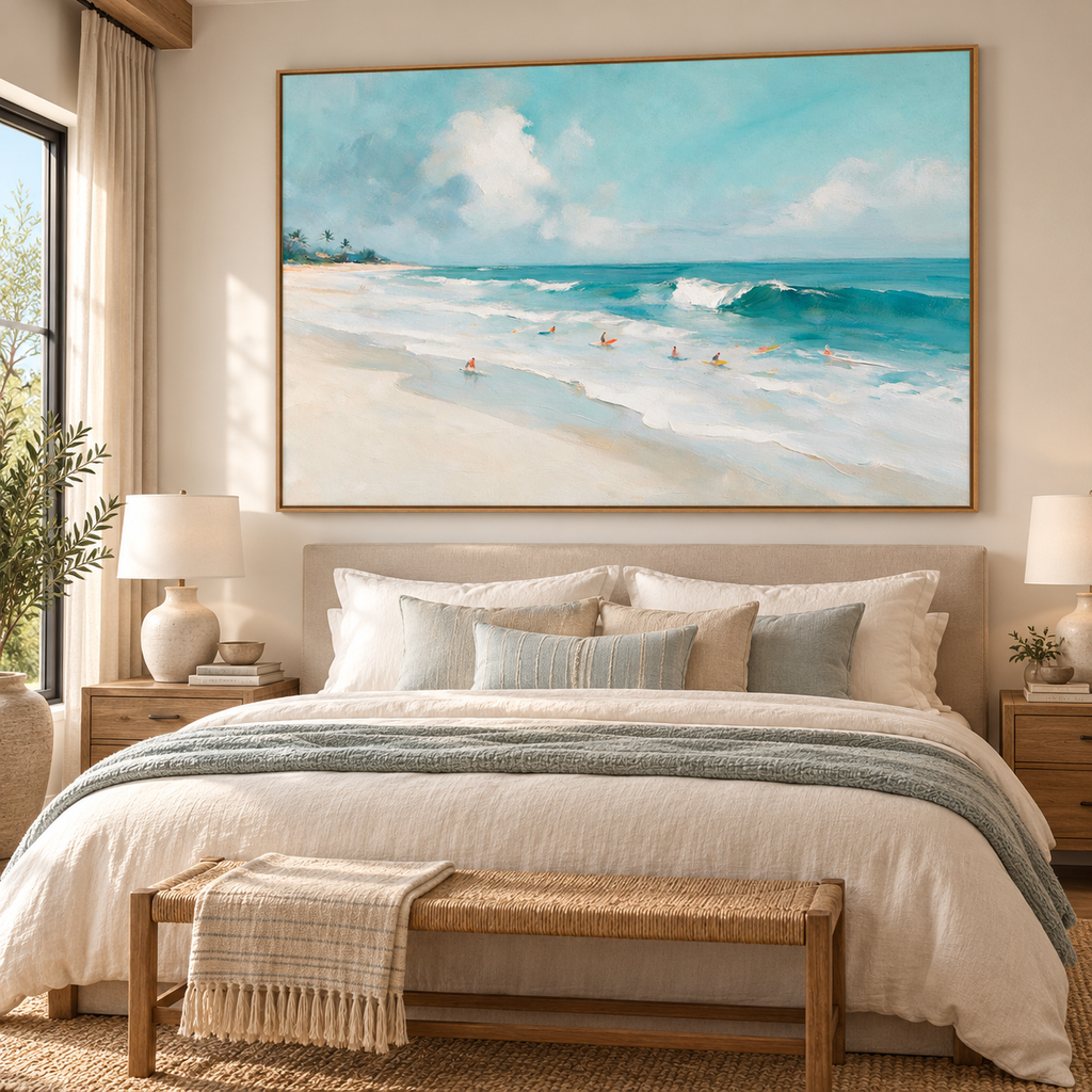 ARBYNART Impressionist Art | Surfers below a Palm-Fringed Coast