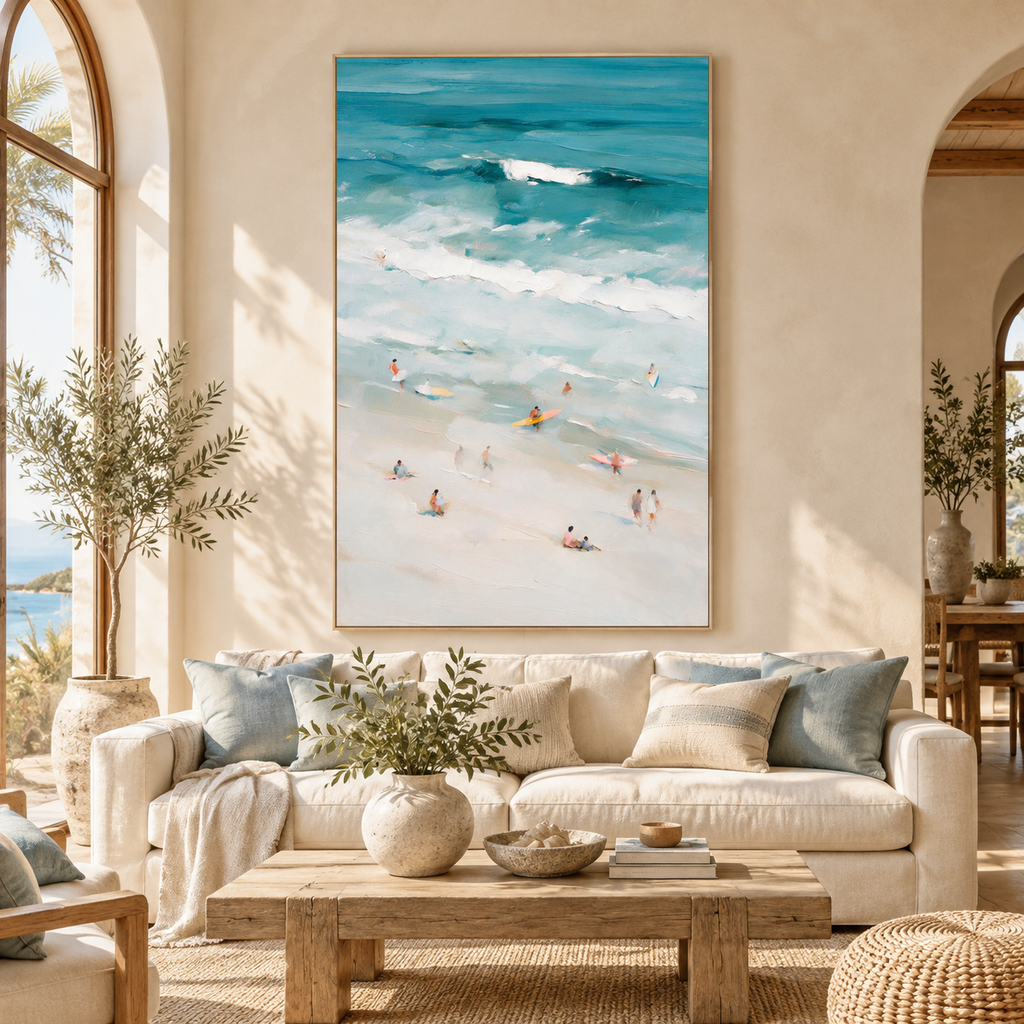ARBYNART Impressionist Art | Tiny Surfers on a Vast Pale Beach