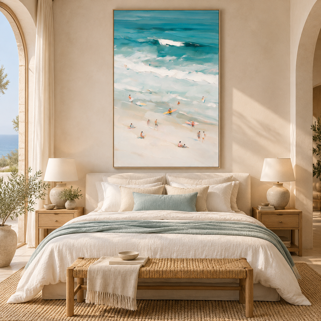 ARBYNART Impressionist Art | Tiny Surfers on a Vast Pale Beach
