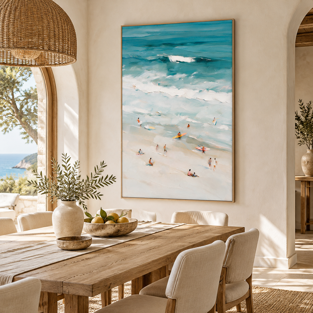 ARBYNART Impressionist Art | Tiny Surfers on a Vast Pale Beach