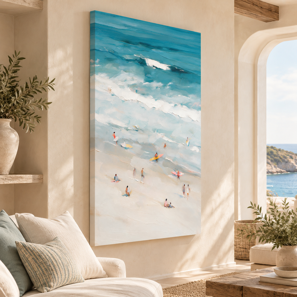 ARBYNART Impressionist Art | Tiny Surfers on a Vast Pale Beach