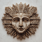 Pale weathered geometric sun deity wood wall sculpture
