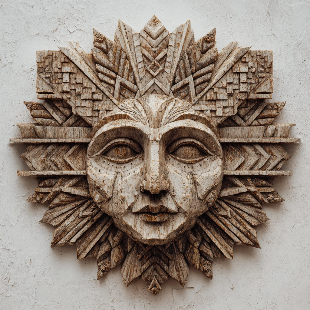 Pale weathered geometric sun deity wood wall sculpture