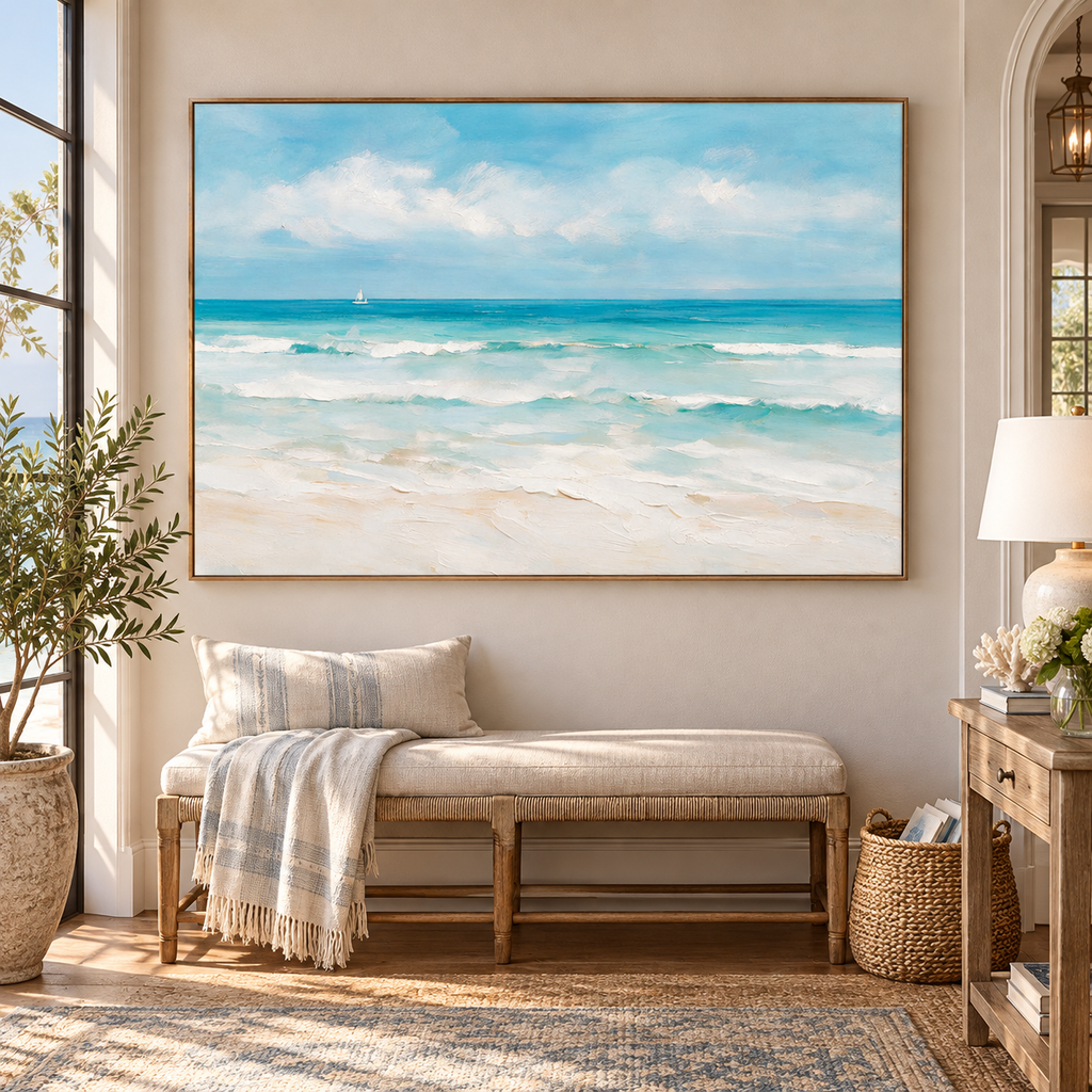 ARBYNART Impressionist Art | Turquoise Surf under White Clouds
