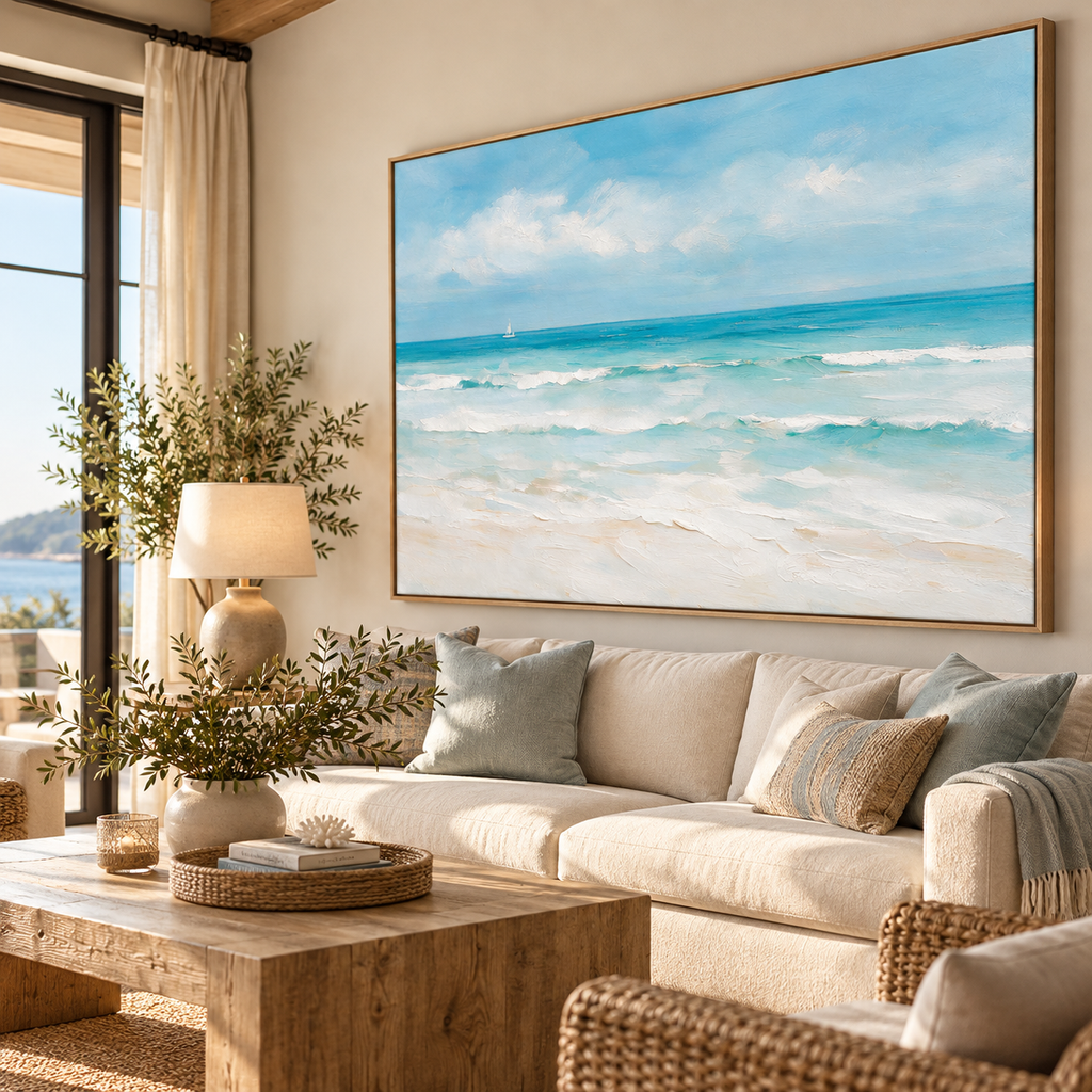 ARBYNART Impressionist Art | Turquoise Surf under White Clouds