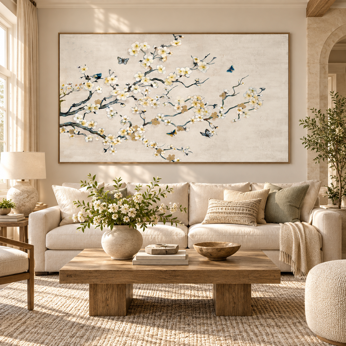 ARBYNART Impressionist Art | White Blossoms with Butterflies