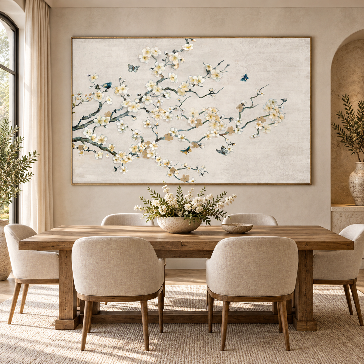 ARBYNART Impressionist Art | White Blossoms with Butterflies