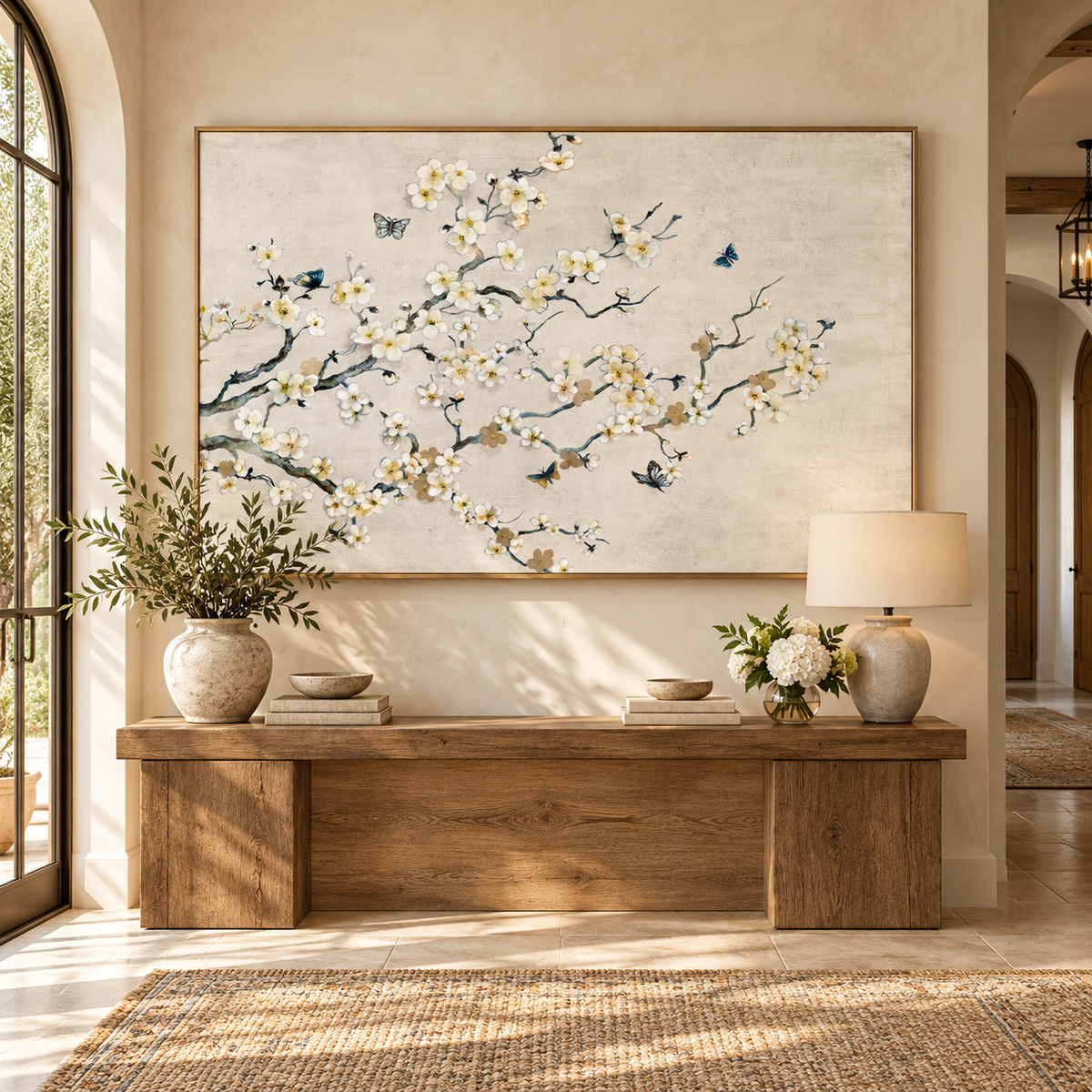 ARBYNART Impressionist Art | White Blossoms with Butterflies