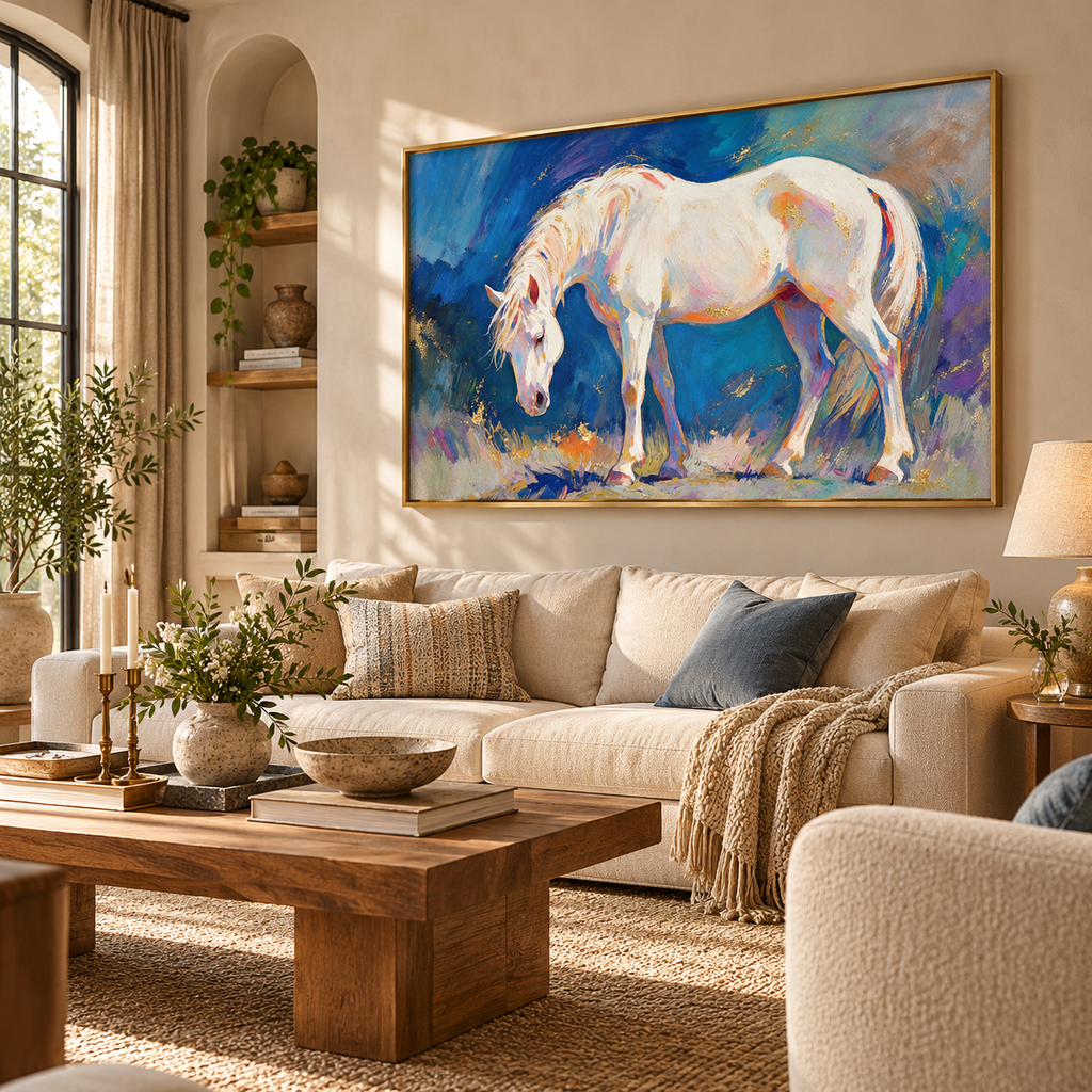 ARBYNART Americana Art | White Horse Bowing in Blue