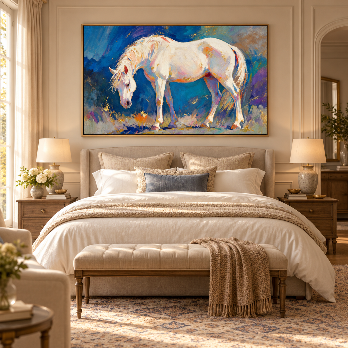 ARBYNART Americana Art | White Horse Bowing in Blue