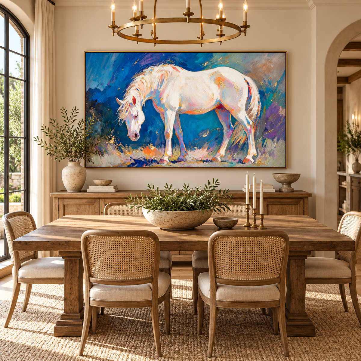 ARBYNART Americana Art | White Horse Bowing in Blue