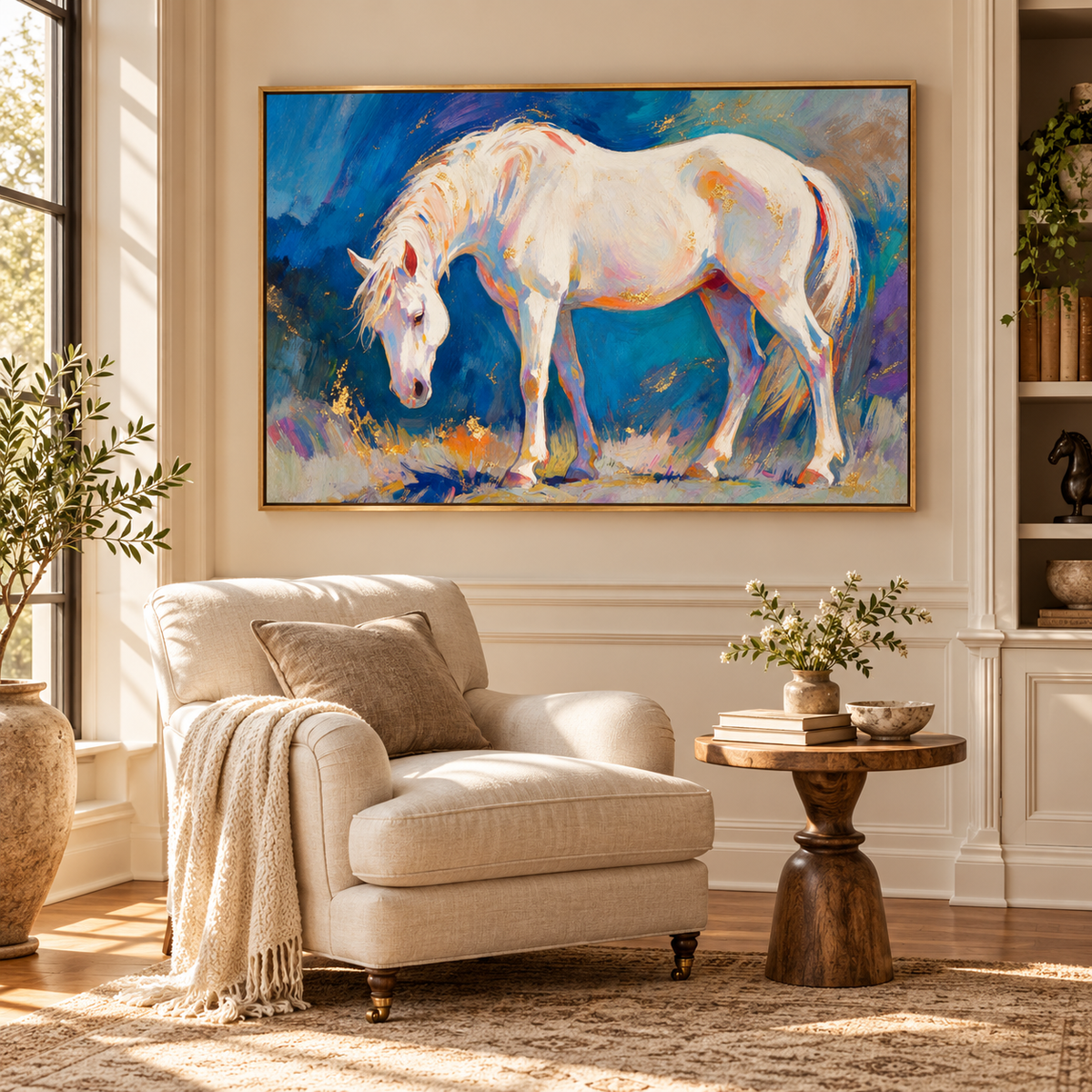 ARBYNART Americana Art | White Horse Bowing in Blue