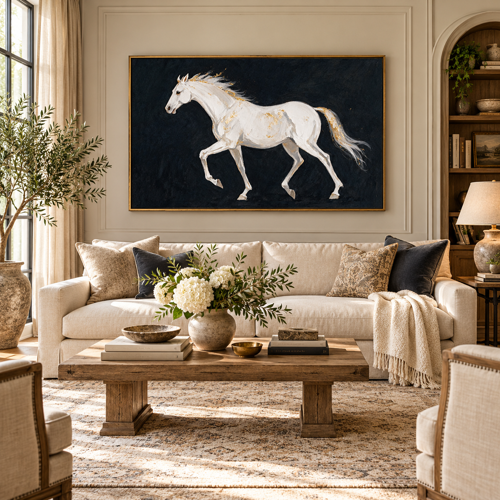 ARBYNART Americana Art | White Horse on Black Ground