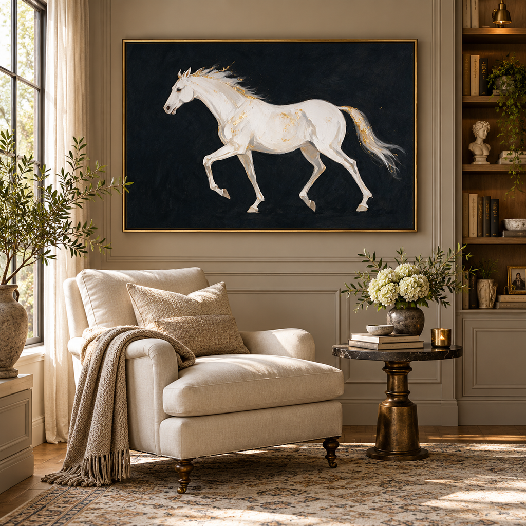 ARBYNART Americana Art | White Horse on Black Ground