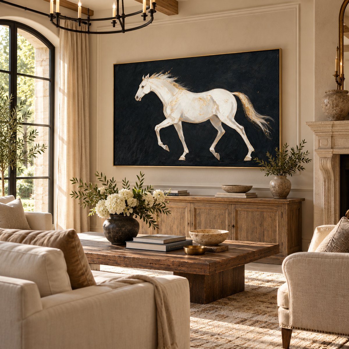ARBYNART Americana Art | White Horse on Black Ground