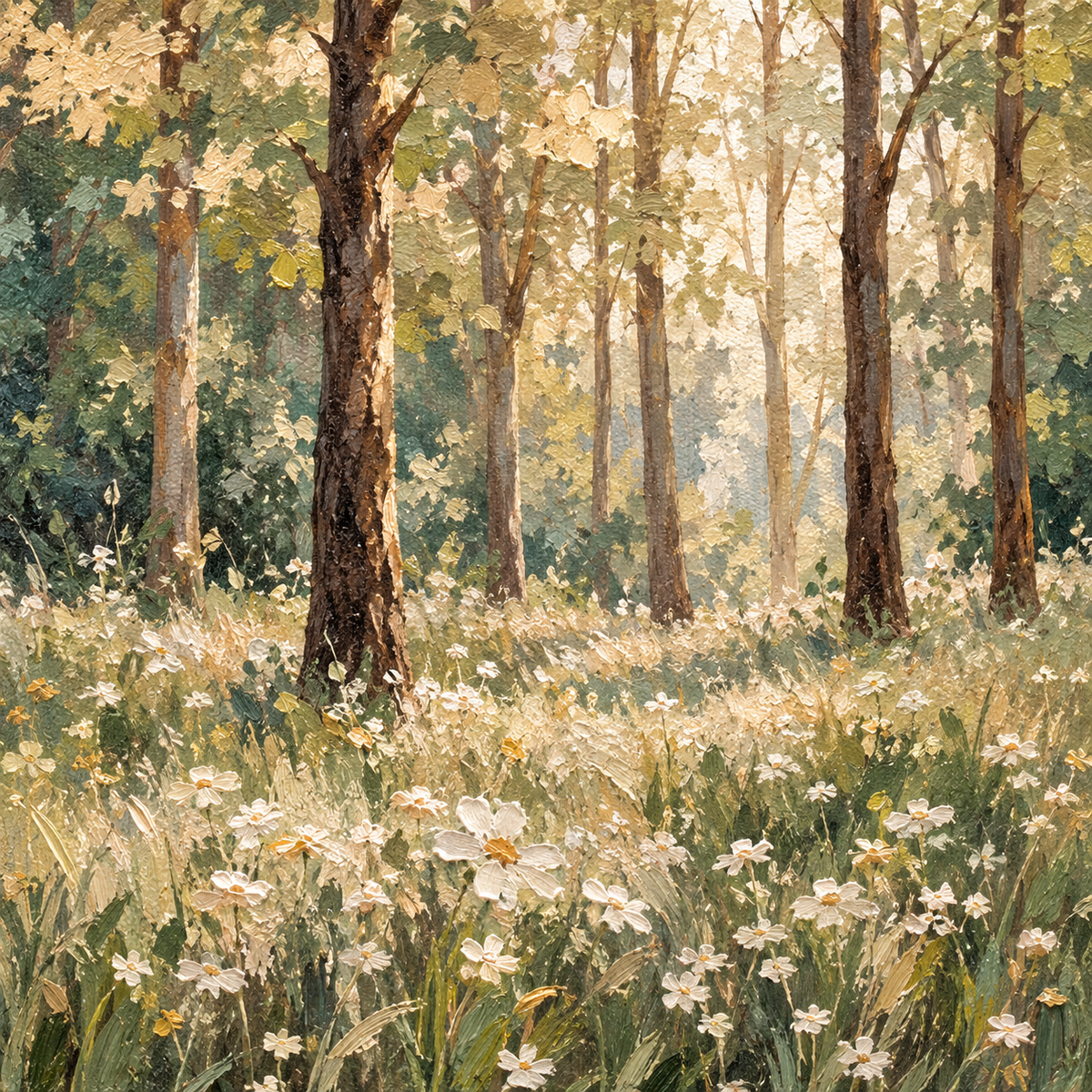 ARBYNART Impressionist Art | White Flowers beneath Tall Trees