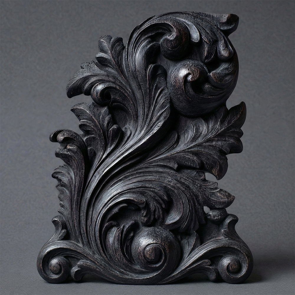 Obsidian Scroll — botanical wood sculpture